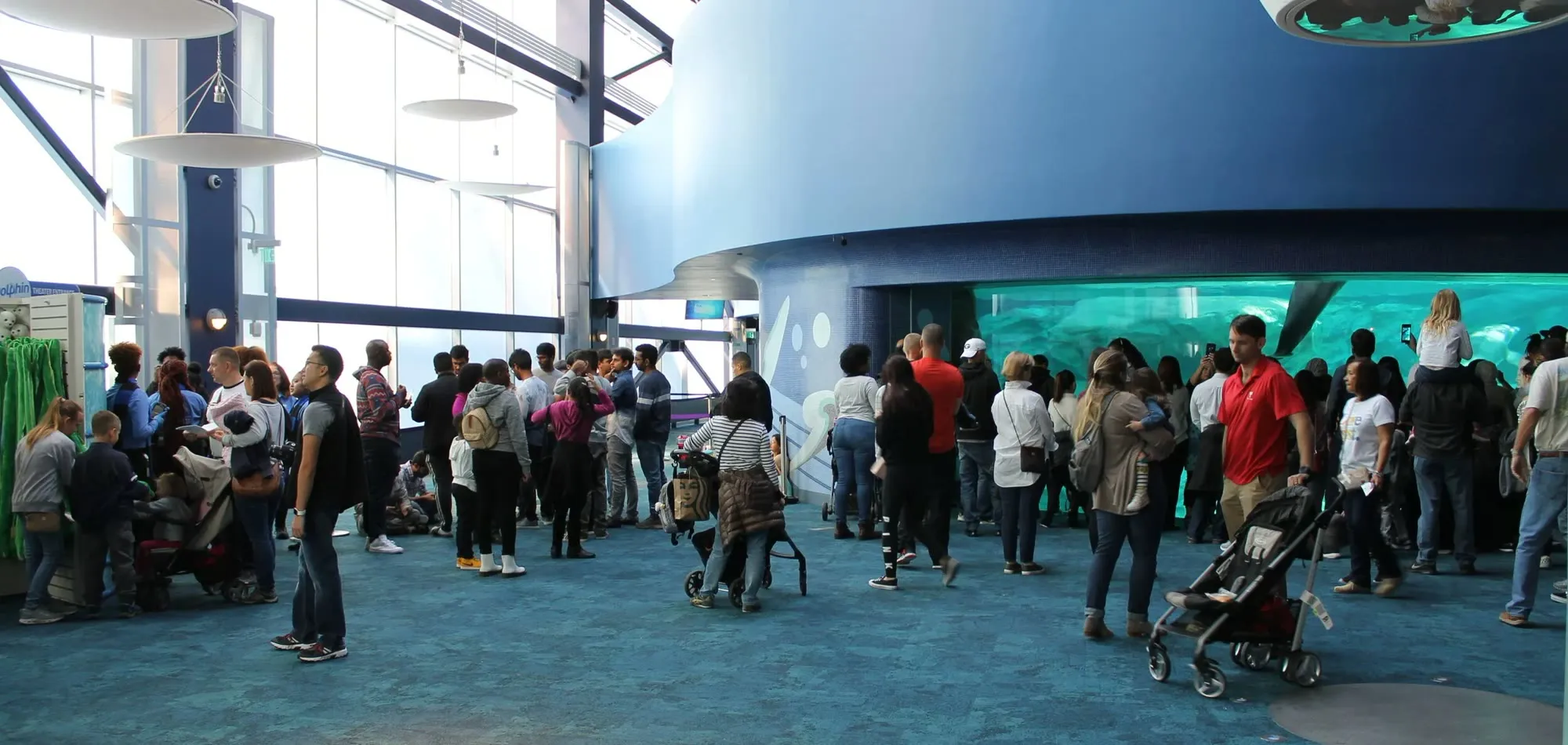 Guests crowded into the Dolphin Coast pre-show atrium