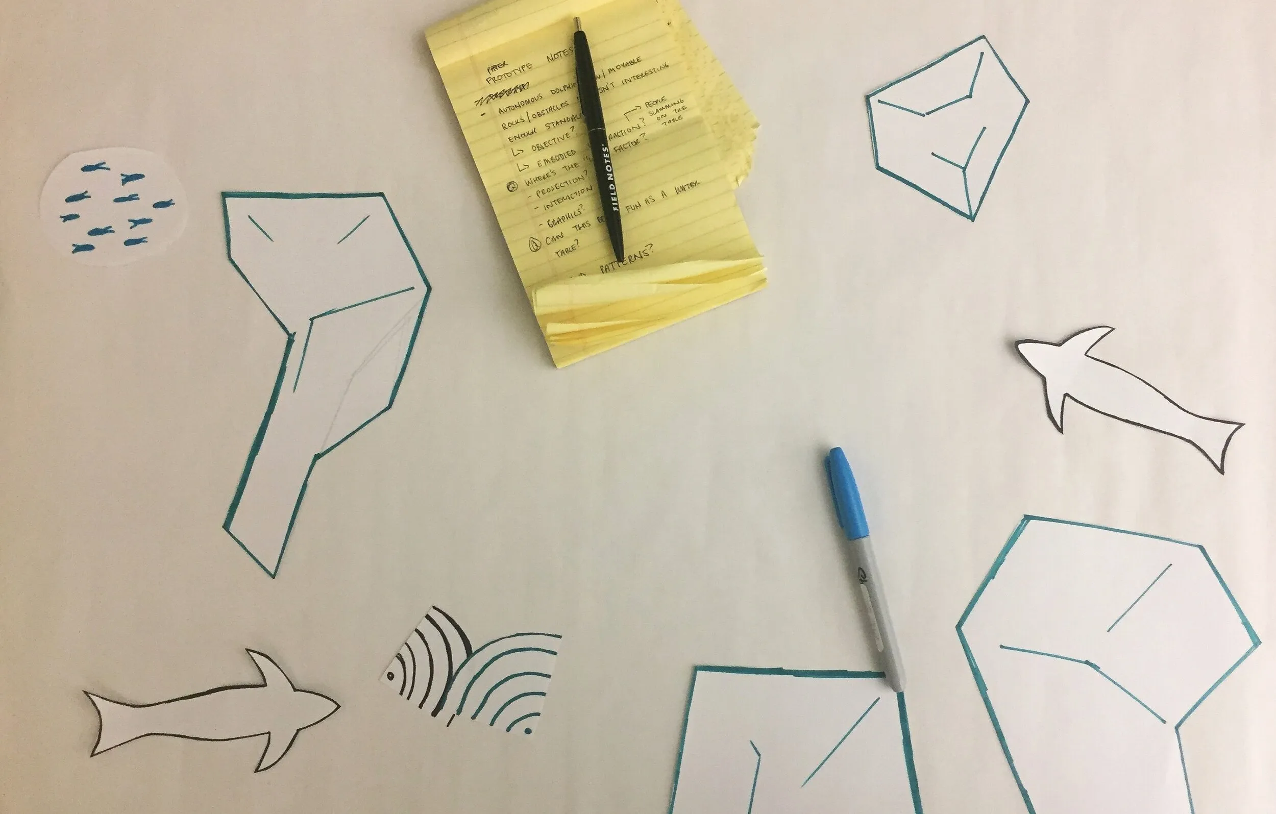 Hand-cut paper sea creatures and echolocation waves laid out on a table beside a legal pad of prototype notes