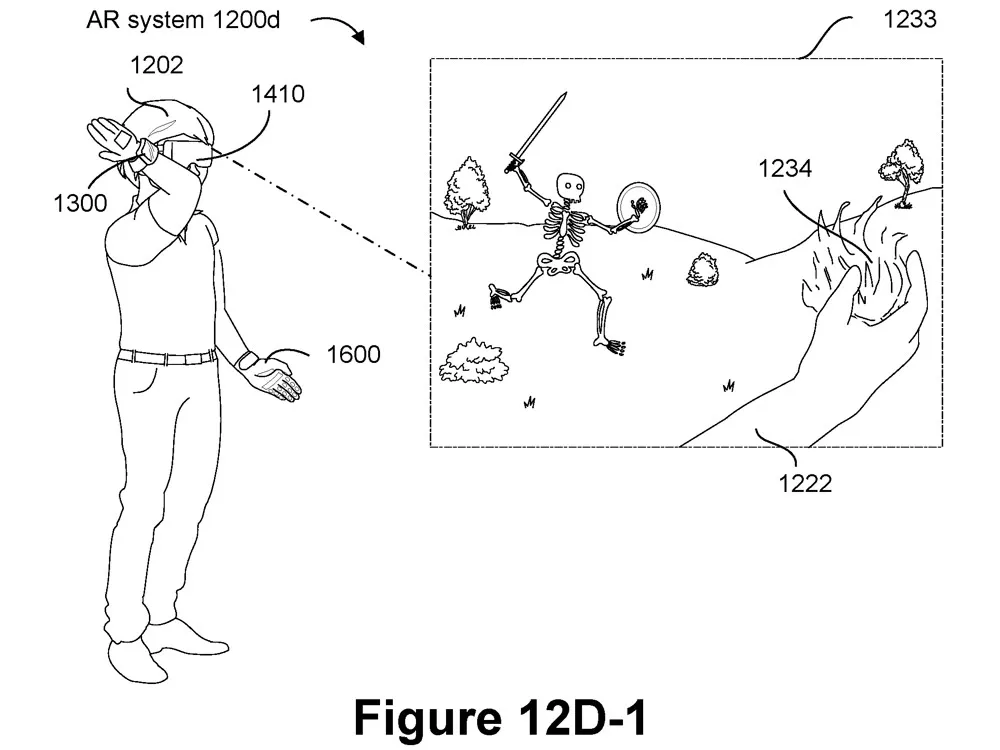 Patent figure: a person wearing a headset and haptic glove casts a fire spell at a sword-wielding skeleton, with the in-headset view shown alongside