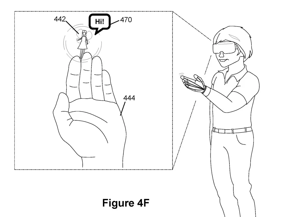 Patent figure: a tiny virtual character stands on an open palm and says hi, with the wearer shown cupping their gloved hand