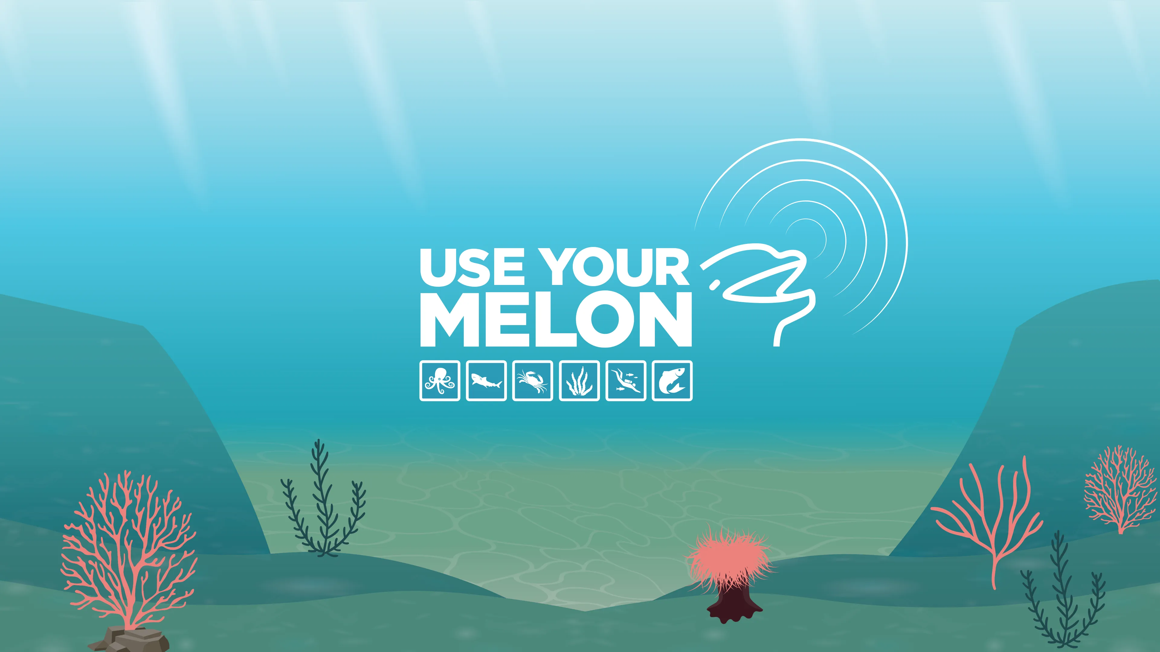 Use Your Melon title screen: the logo and echolocation mark over an undersea scene, with the six creature icons beneath